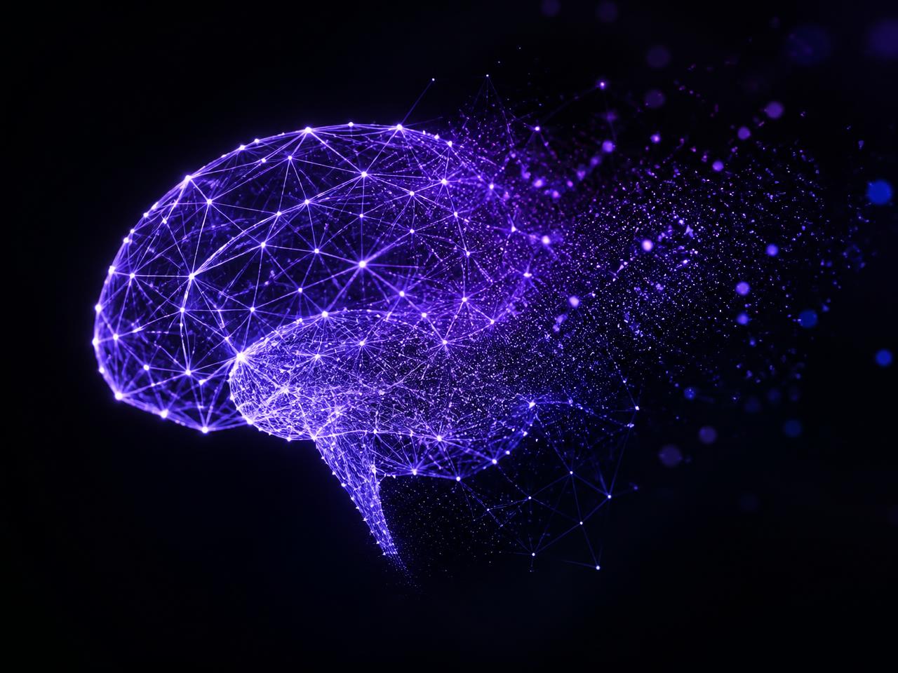 Rede neural luminosa em tons de violeta, representando conexões inteligentes entre áreas do negócio